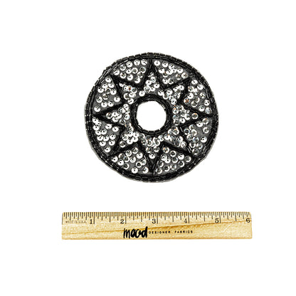 Vintage Black Bugle Beads and Silver Sequins Circular Star Applique - 4.375" x 4.375" Full