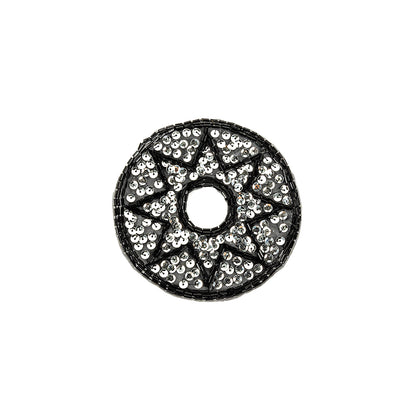 Vintage Black Bugle Beads and Silver Sequins Circular Star Applique - 4.375" x 4.375"