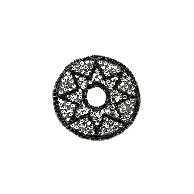 Vintage Black Bugle Beads and Silver Sequins Circular Star Applique - 4.375" x 4.375"