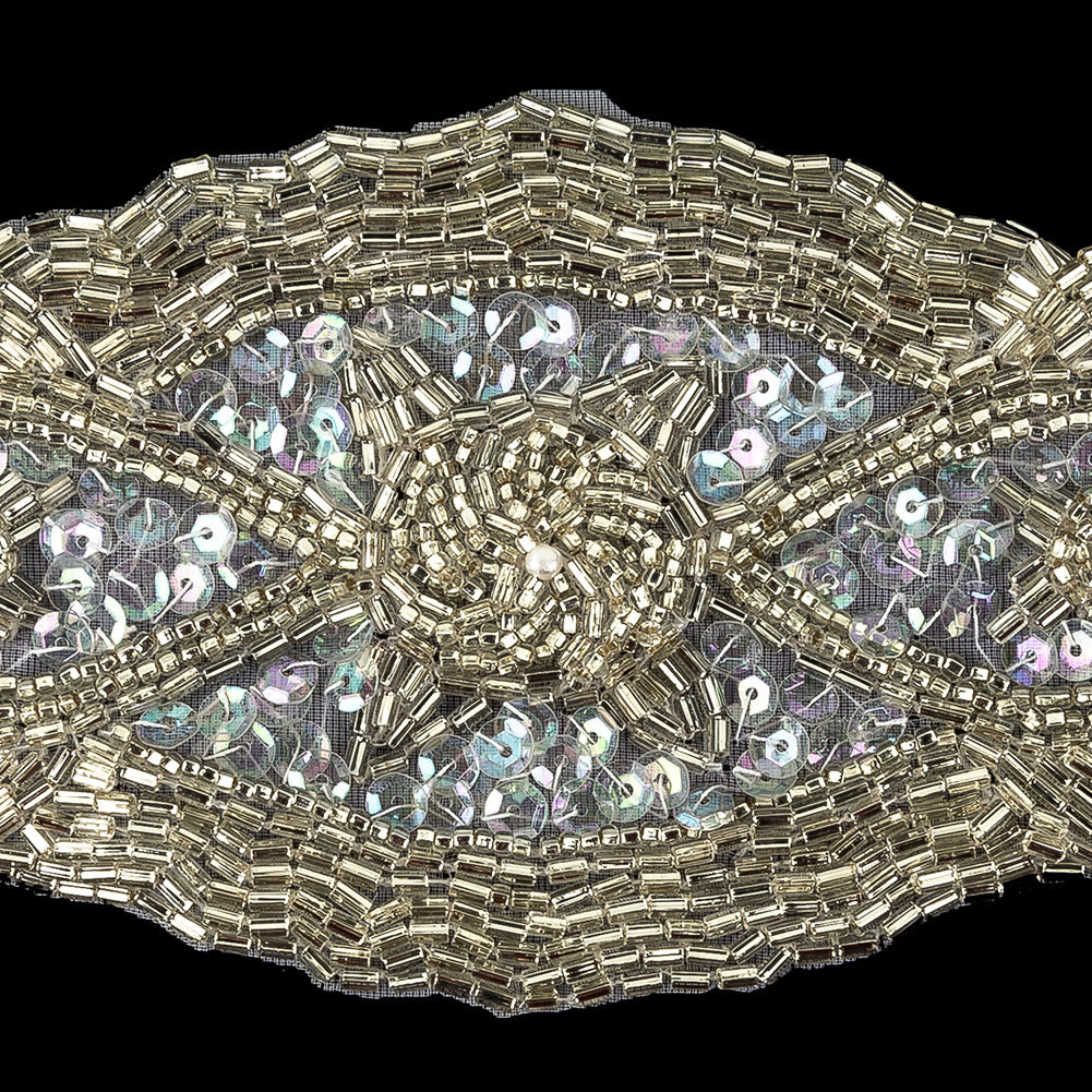 Vintage Fancy White Iris Sequins and Silver-lined Bugle Beaded Applique - 3" x 6.5" Detail