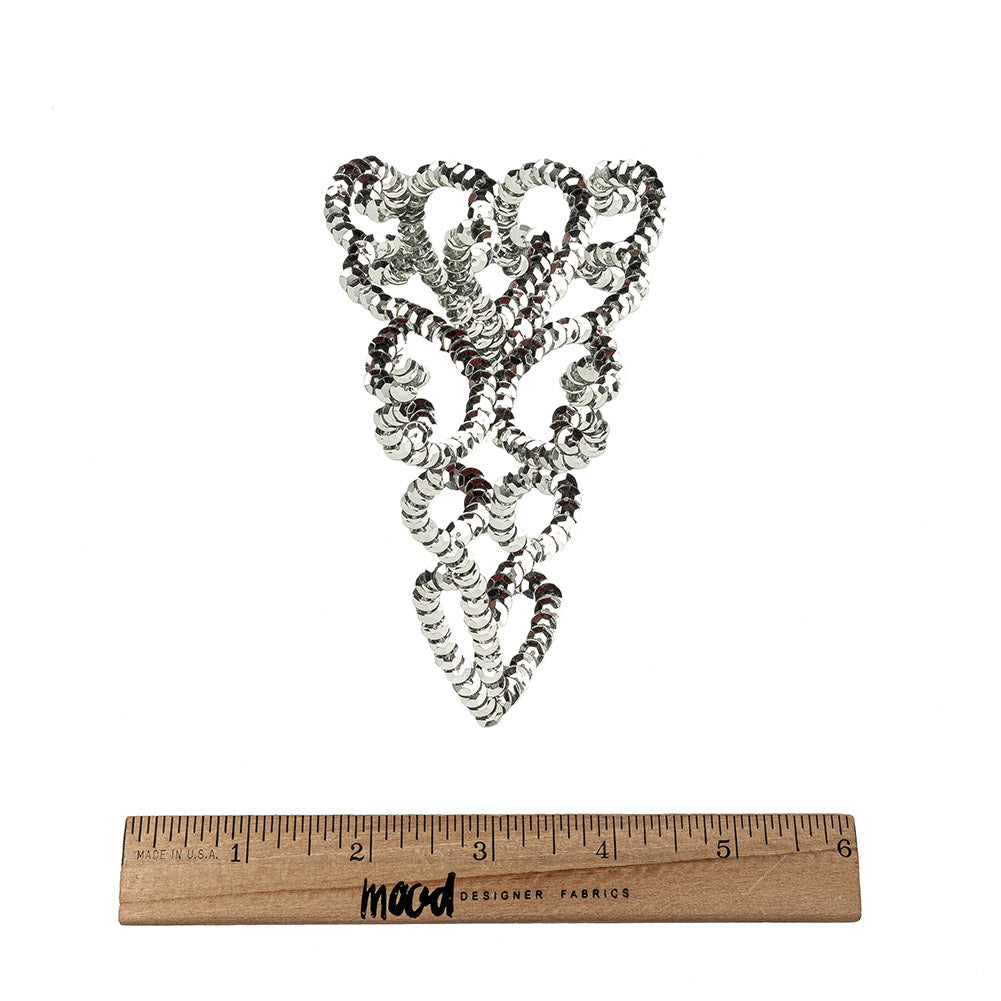 Vintage Silver Sequins Abstract Hearts Applique - 5.125" x 3" Full