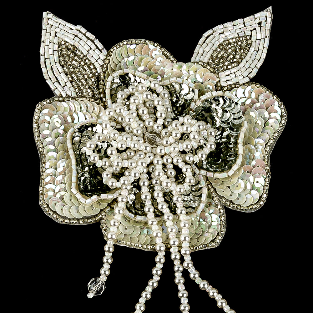 Vintage White Iris and Pearl, Silver Sequins and Beaded 3D Floral Applique with Crystal Bead Center - 6.625" x 4.25" Detail