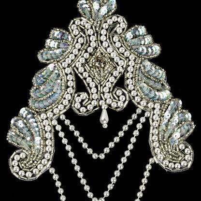 Vintage Pearl and White Iris Beaded and Sequins Applique with Crystal Rhinestone Center - 8.25" x 4.875" Detail