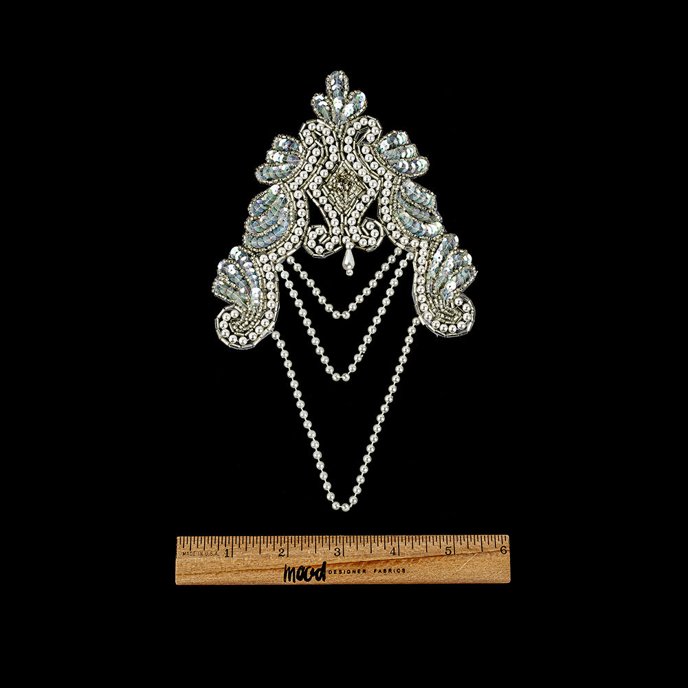 Vintage Pearl and White Iris Beaded and Sequins Applique with Crystal Rhinestone Center - 8.25" x 4.875" Full
