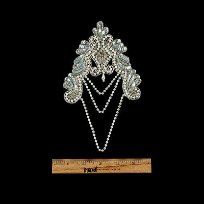 Vintage Pearl and White Iris Beaded and Sequins Applique with Crystal Rhinestone Center - 8.25" x 4.875" Full