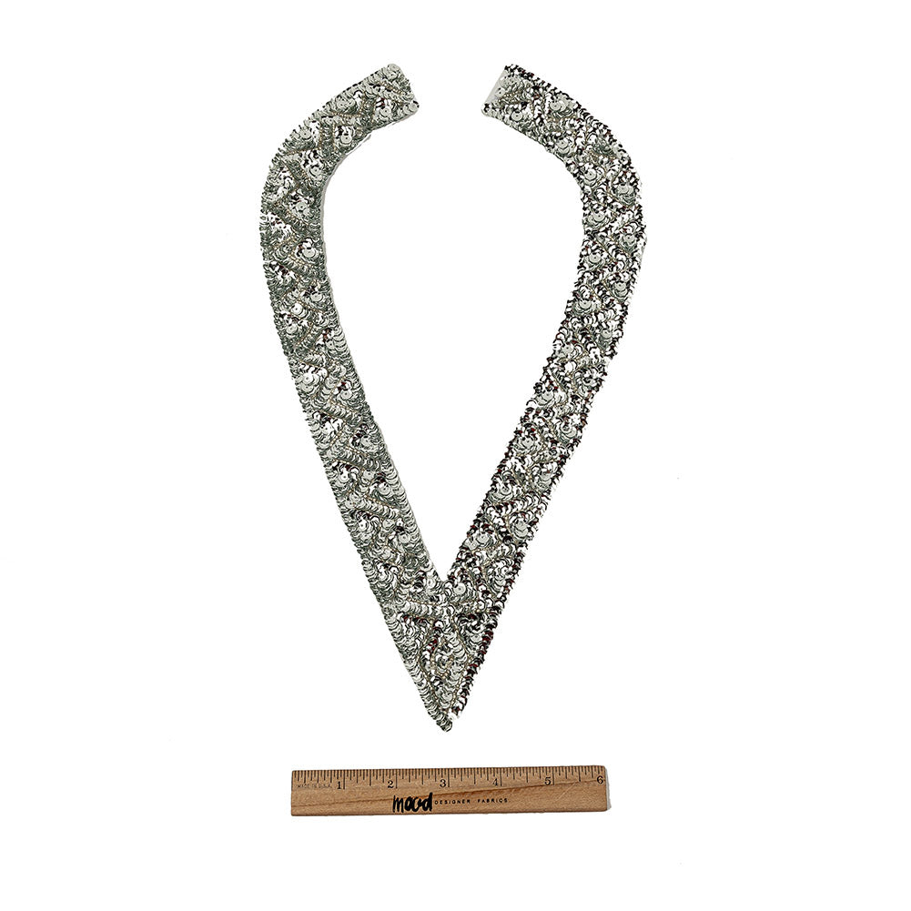 Vintage Silver Sequins and Beaded Pointy Collar Applique - 15" x 8" Full