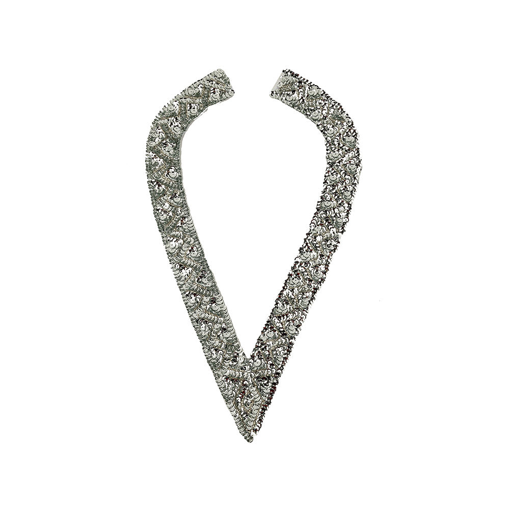Vintage Silver Sequins and Beaded Pointy Collar Applique - 15" x 8"