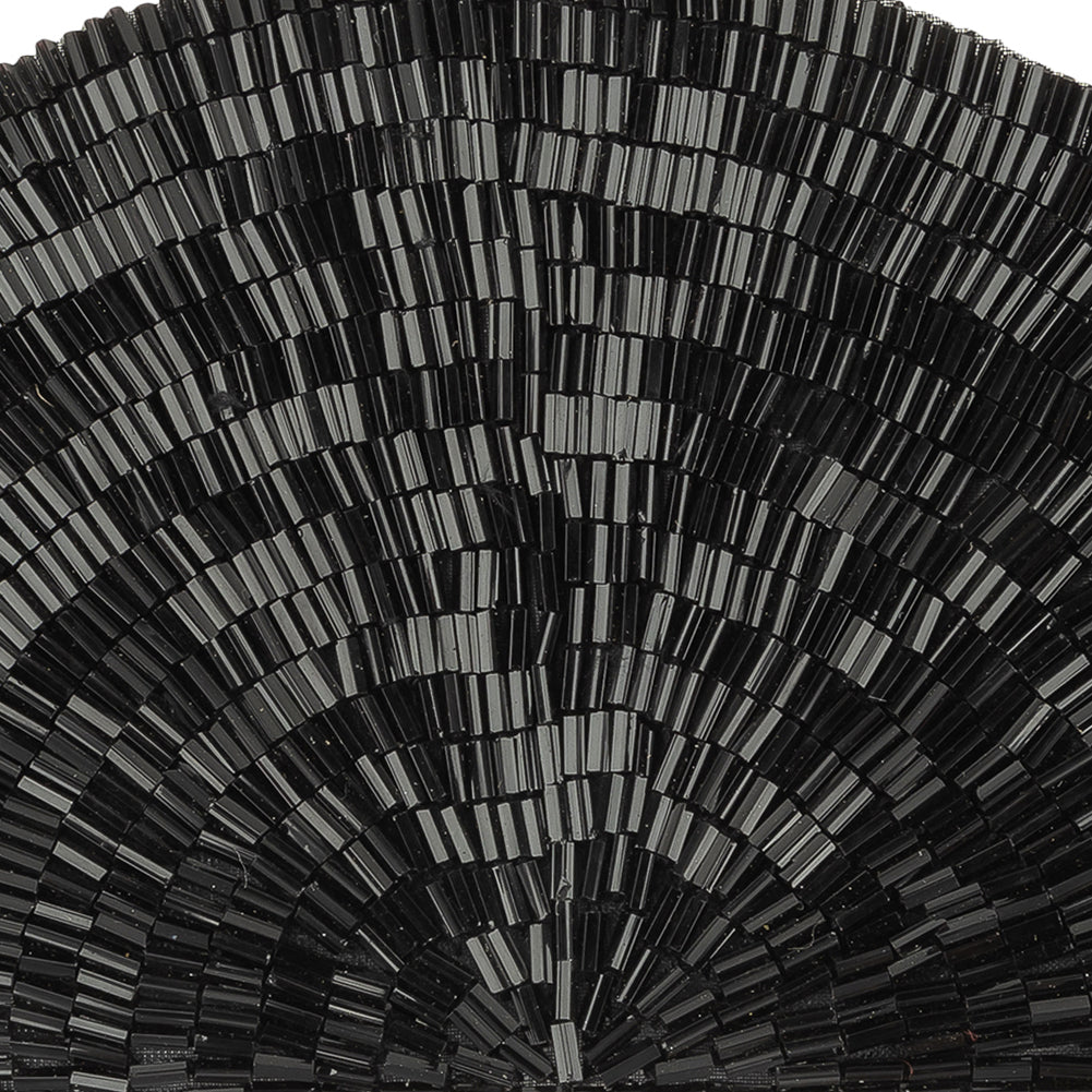 Vintage Black Bugle Beaded Domed Fan Applique - 3.5" x 6.875" Detail