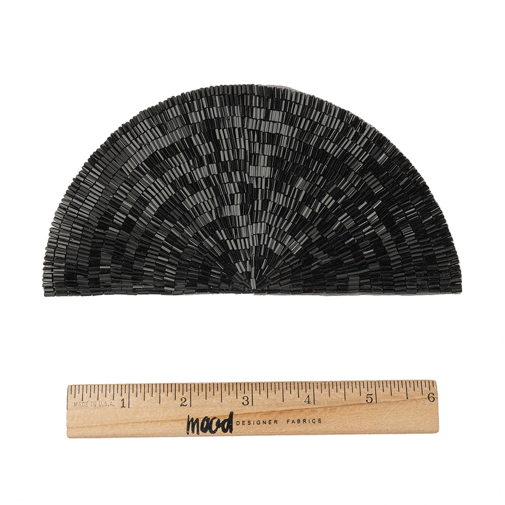 Vintage Black Bugle Beaded Domed Fan Applique - 3.5" x 6.875" Full