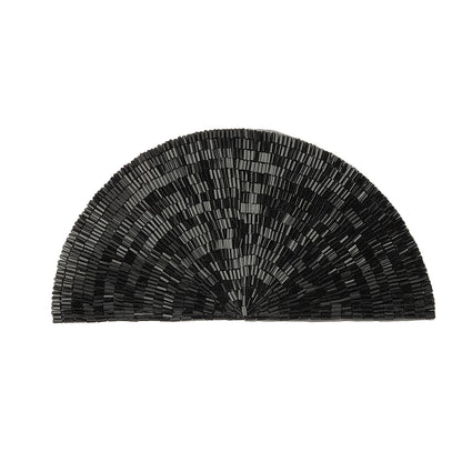Vintage Black Bugle Beaded Domed Fan Applique - 3.5" x 6.875"