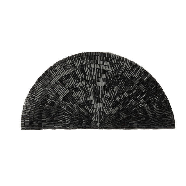 Vintage Black Bugle Beaded Domed Fan Applique - 3.5" x 6.875"