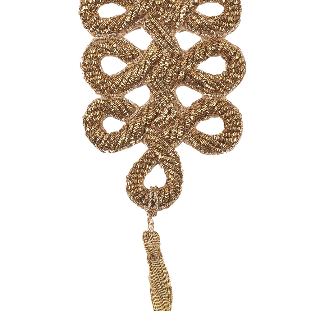 Vintage Gold Lurex Bullion Stitch Knot Applique with Tassel - 5.75" x 2" Detail