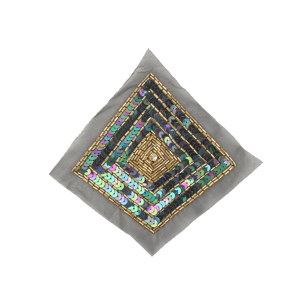 Vintage Black Iris, Multicolored and Gold Beaded and Sequins Diamond Applique - 5.25" x 5.25"