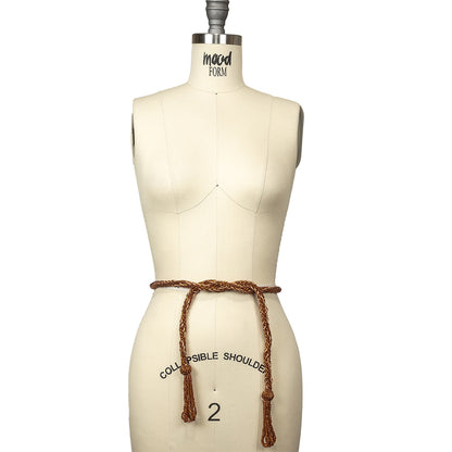Vintage Bronze and Gold Beaded Braided Belt with Loop Tassels - 0.75" x 40" Drape