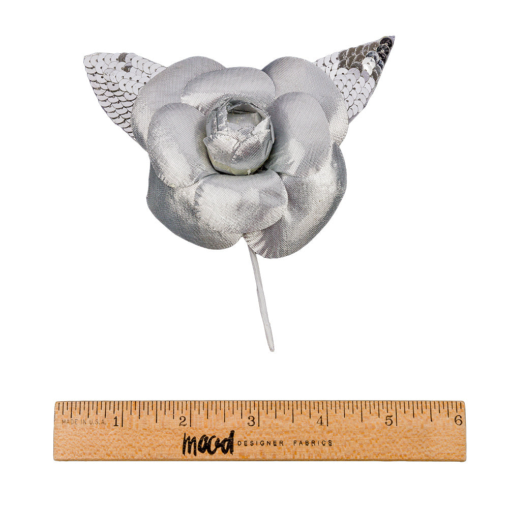Vintage Silver Fabric Flower Pick with Silver Sequined Leaves - 5" x 4.25" Full