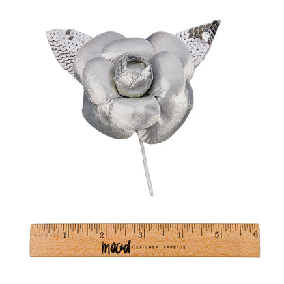 Vintage Silver Fabric Flower Pick with Silver Sequined Leaves - 5" x 4.25" Full