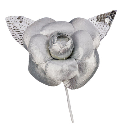 Vintage Silver Fabric Flower Pick with Silver Sequined Leaves - 5" x 4.25"