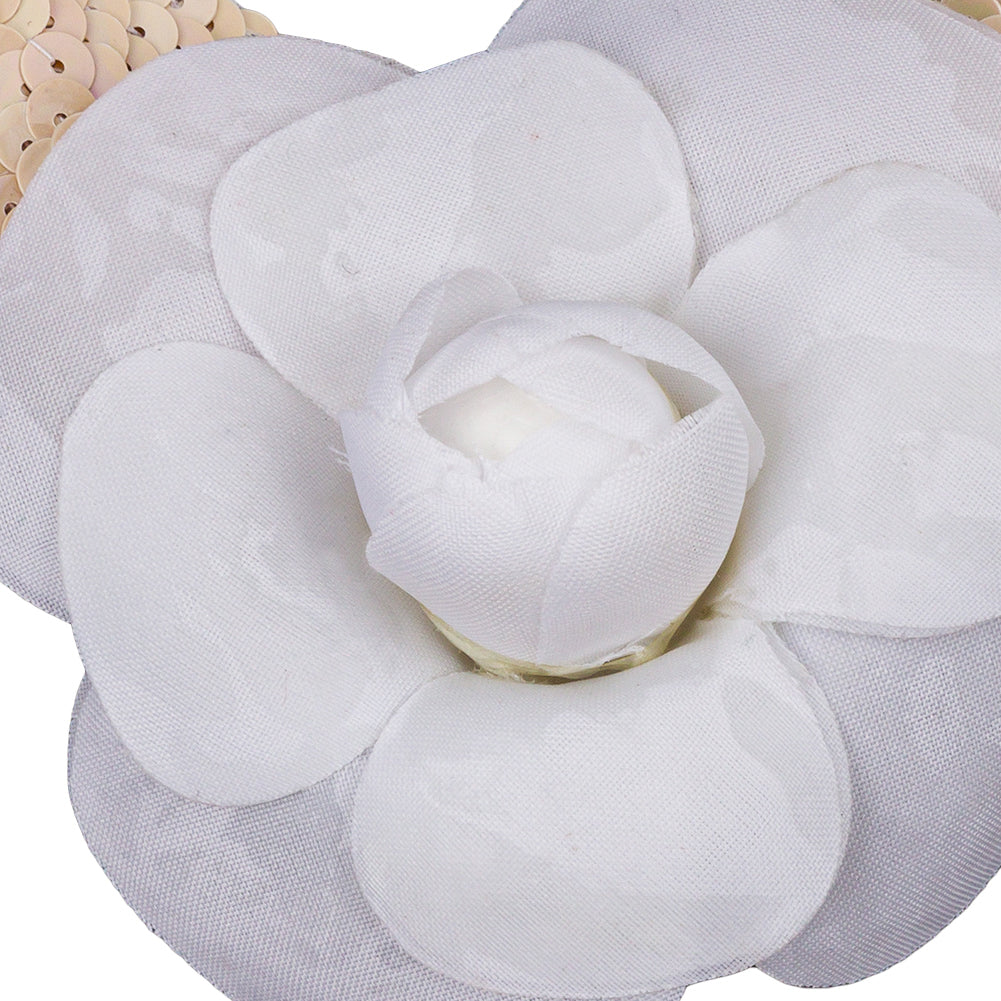 Vintage White Fabric Flower Pick with White Iris Sequined Leaves - 5" x 4.25" Detail