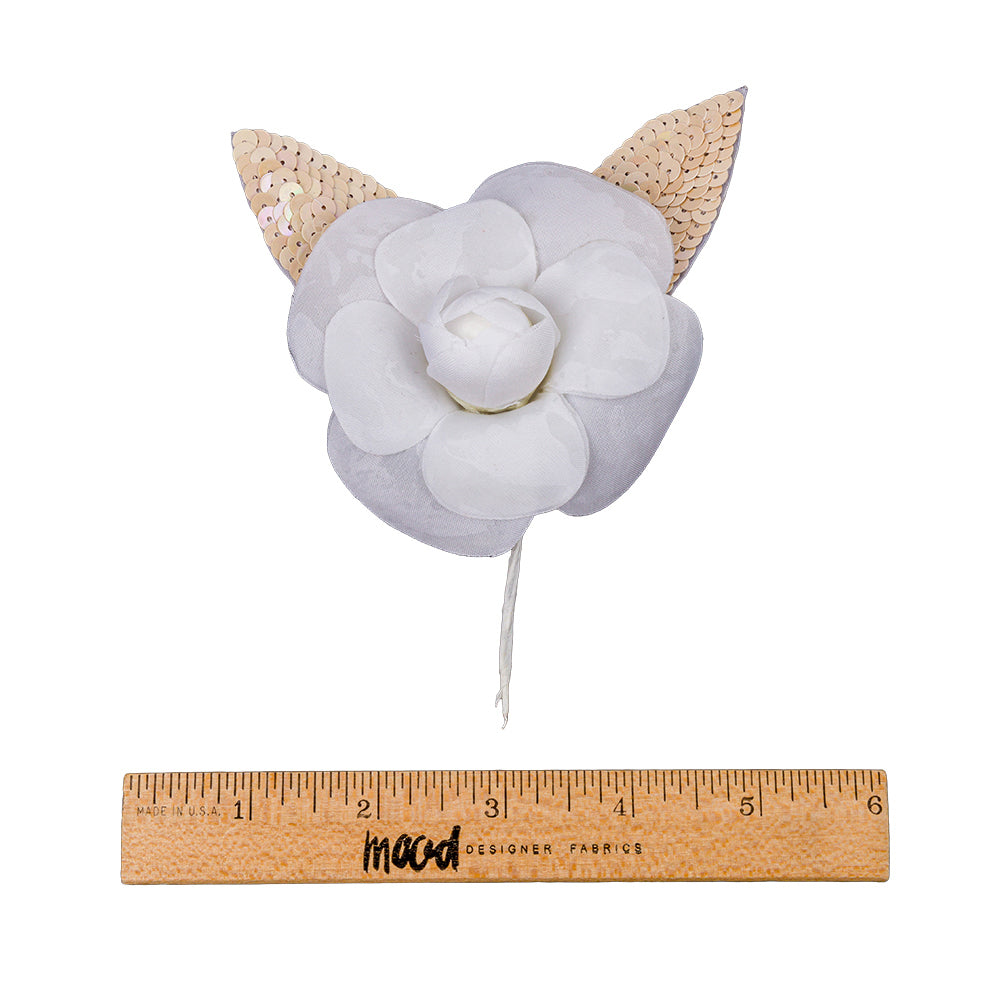 Vintage White Fabric Flower Pick with White Iris Sequined Leaves - 5" x 4.25" Full