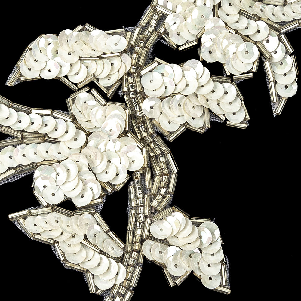 Vintage White Iris Sequins and Silver Bugle Beaded Floral Applique - 4.75" x 3.75" Detail