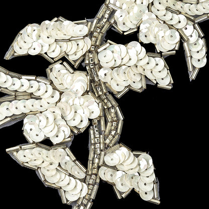 Vintage White Iris Sequins and Silver Bugle Beaded Floral Applique - 4.75" x 3.75" Detail