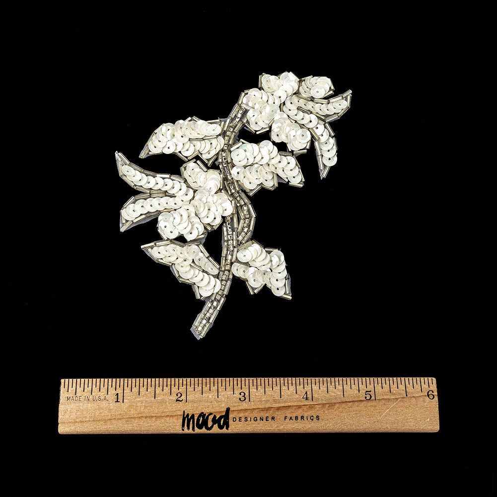 Vintage White Iris Sequins and Silver Bugle Beaded Floral Applique - 4.75" x 3.75" Full