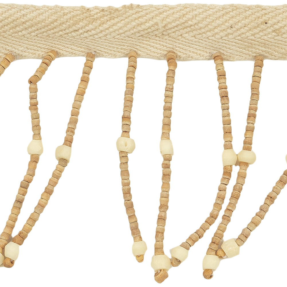 Vintage Natural and Tan Wood Beaded Fringe Trim - 2.75" Detail