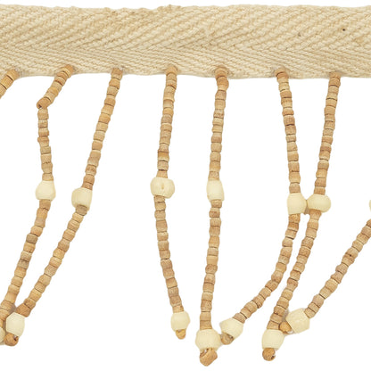 Vintage Natural and Tan Wood Beaded Fringe Trim - 2.75" Detail