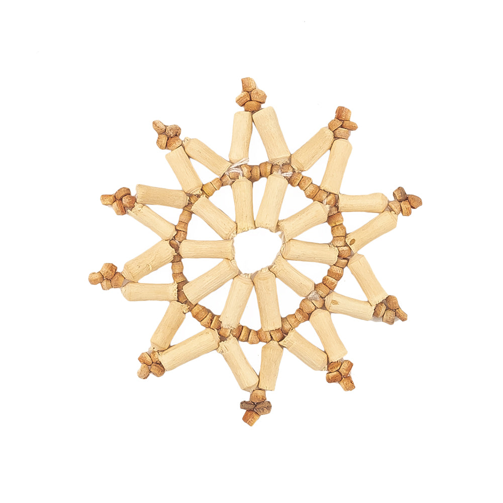 Vintage Ivory and Natural Wood Beaded Unbacked Starflake Applique - 2.25" x 2.25" Detail