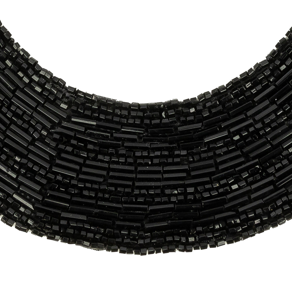 Vintage Black Glass Bugle and Seed Beaded Collar Applique - 7.25" x 8.5" Detail