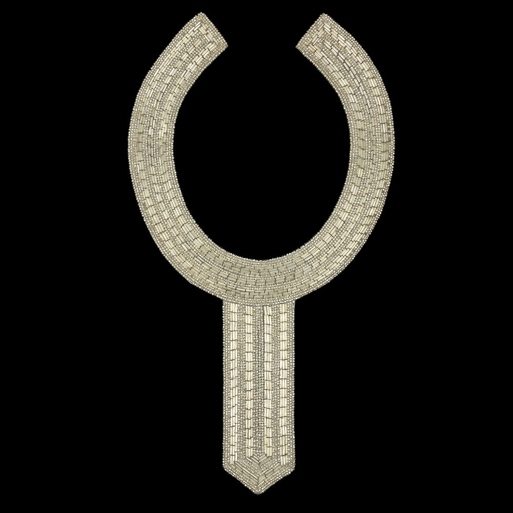 Vintage Silver Stiff Glass Beaded Collar Applique - 13.75" x 7.5"