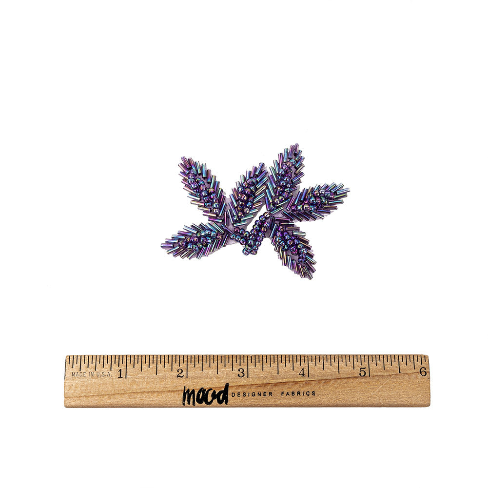 Vintage Lavender Iris Bugle and Seed Beaded Foliage Applique - 2.25" x 3.25" Full
