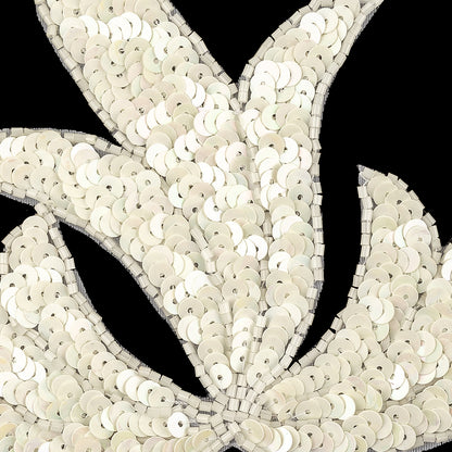Vintage White Iris Beaded and Sequins Leaf Motif Applique - 5.125" x 7.25" Detail