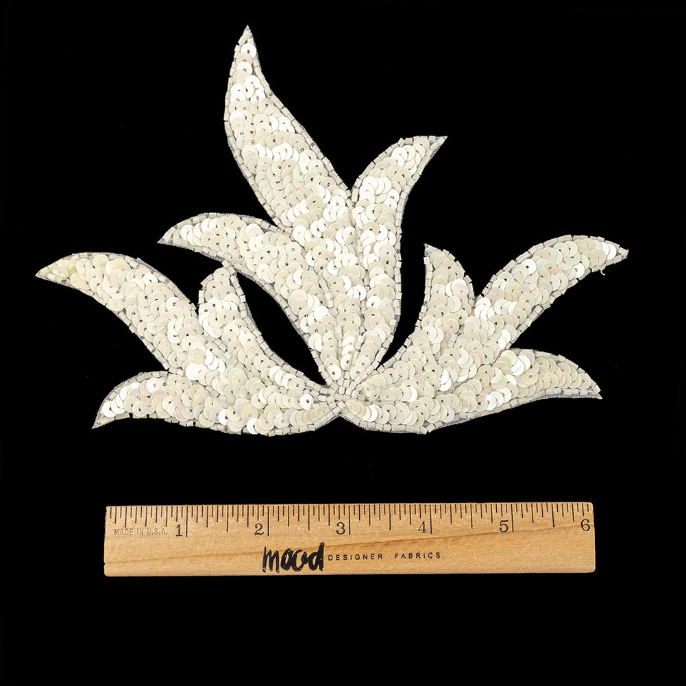 Vintage White Iris Beaded and Sequins Leaf Motif Applique - 5.125" x 7.25" Full