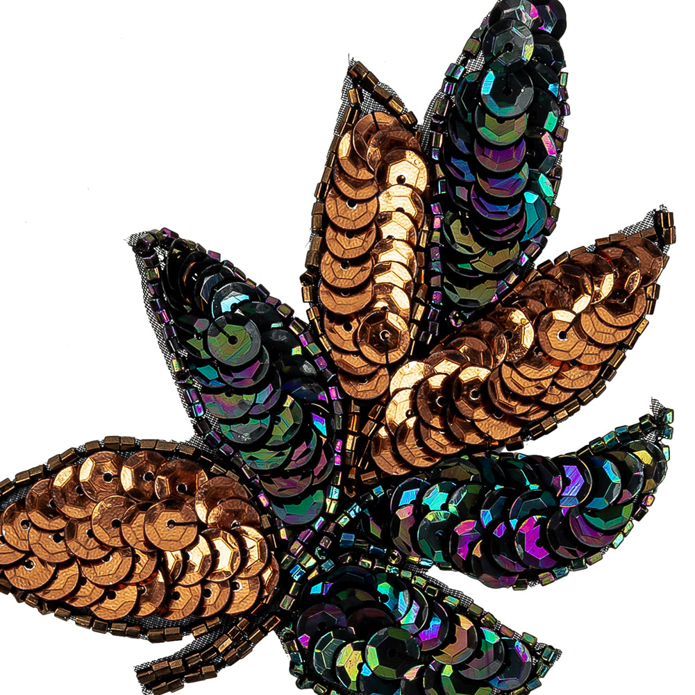 Vintage Bronze and Purple Iris Sequins and Beaded Leaf Applique - 4" X 3" Detail
