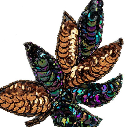Vintage Bronze and Purple Iris Sequins and Beaded Leaf Applique - 4" X 3" Detail