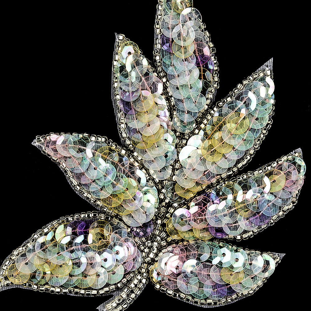 Vintage Crystal Iris Pastel Sequins and Silver-lined Beaded Leaf Applique - 4" x 3" Detail