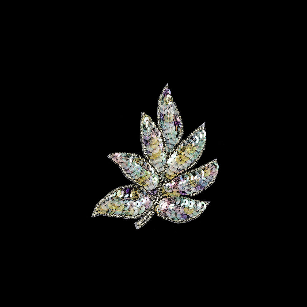 Vintage Crystal Iris Pastel Sequins and Silver-lined Beaded Leaf Applique - 4" x 3"