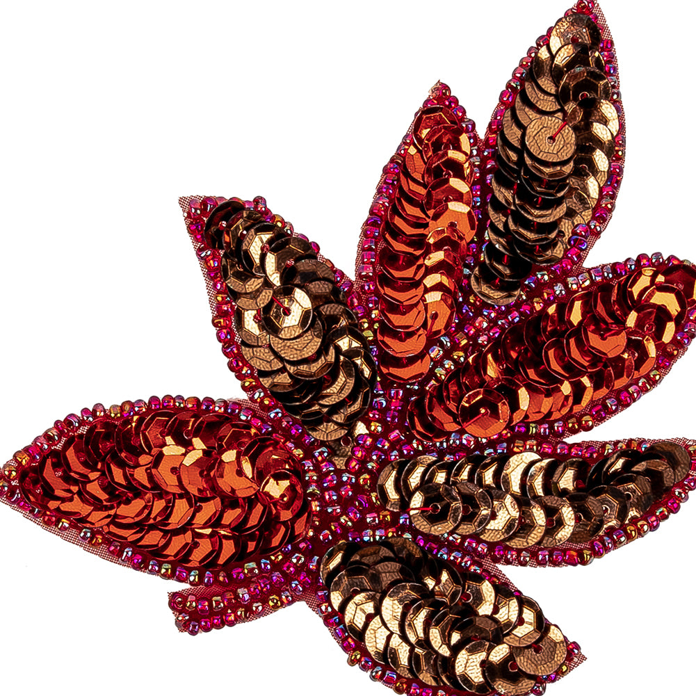 Vintage Red and Bronze Sequins and Red-lined Beaded Leaf Applique - 4" X 3" Detail