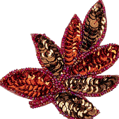 Vintage Red and Bronze Sequins and Red-lined Beaded Leaf Applique - 4" X 3" Detail