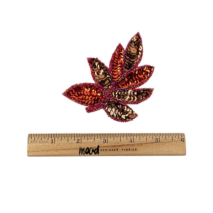 Vintage Red and Bronze Sequins and Red-lined Beaded Leaf Applique - 4" X 3" Full