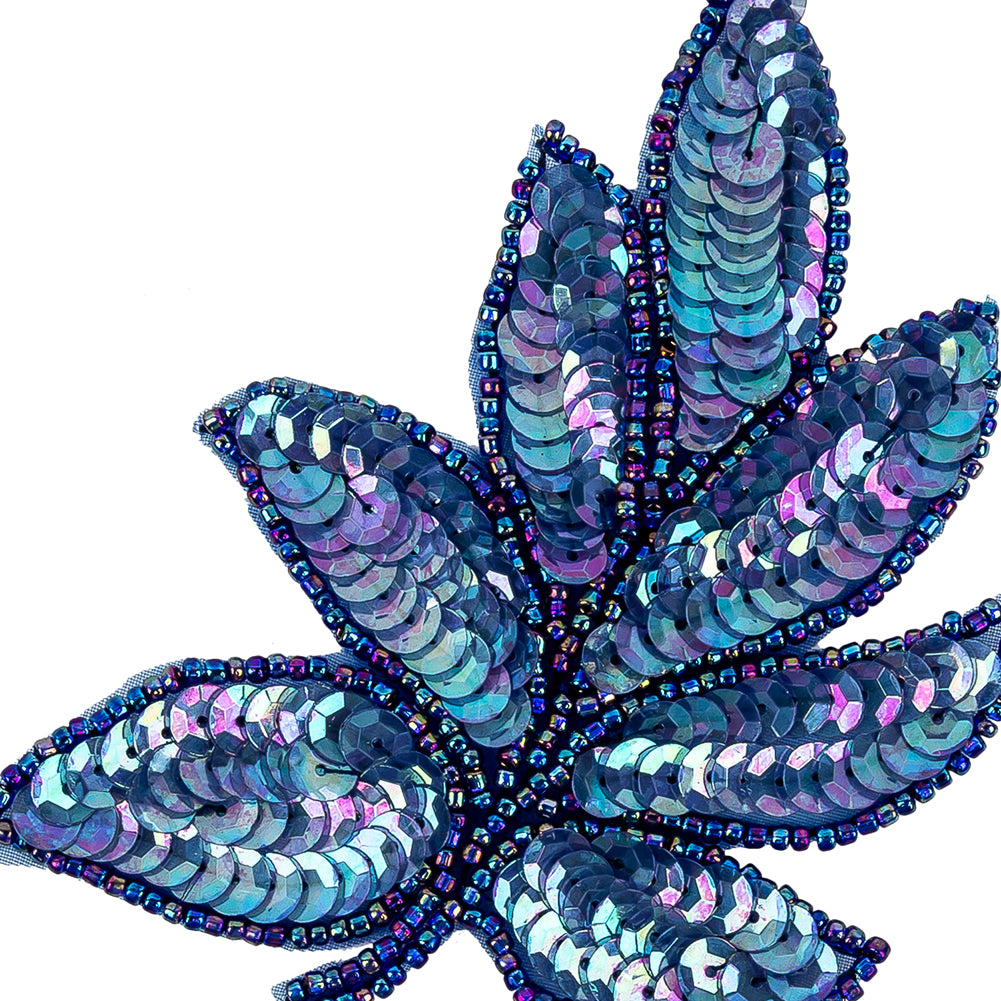 Vintage Royal Blue Iris Sequins and Blue-lined Beaded Leaf Applique - 4" X 3" Detail