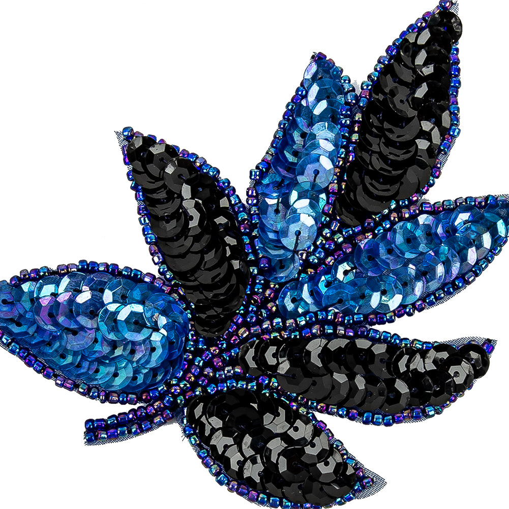 Vintage Royal Blue and Black Sequins and Royal Blue Iris-lined Beaded Leaf Applique - 4" X 3" Detail