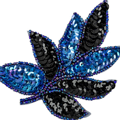 Vintage Royal Blue and Black Sequins and Royal Blue Iris-lined Beaded Leaf Applique - 4" X 3" Detail