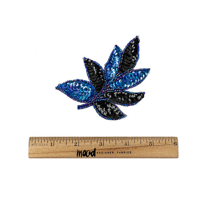 Vintage Royal Blue and Black Sequins and Royal Blue Iris-lined Beaded Leaf Applique - 4" X 3" Full