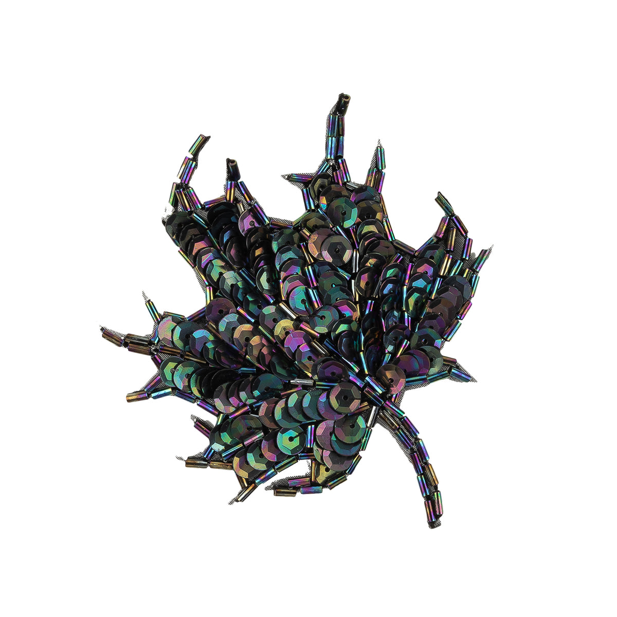 Vintage Black Iris Sequins and Bugle Beaded Small Leaf Applique - 3.75" x 3" Detail