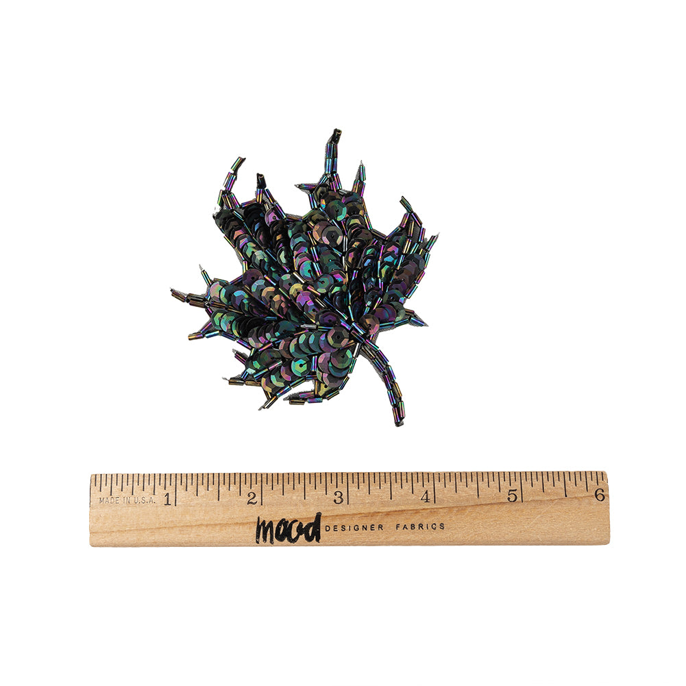 Vintage Black Iris Sequins and Bugle Beaded Small Leaf Applique - 3.75" x 3" Full
