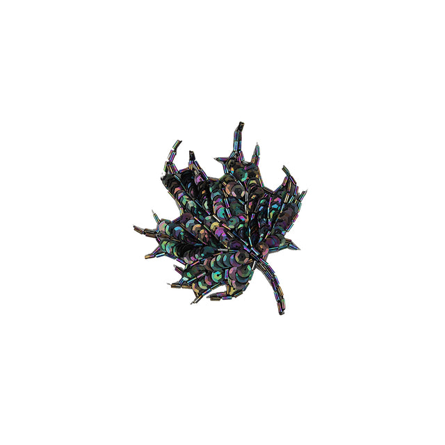 Vintage Black Iris Sequins and Bugle Beaded Small Leaf Applique - 3.75" x 3"