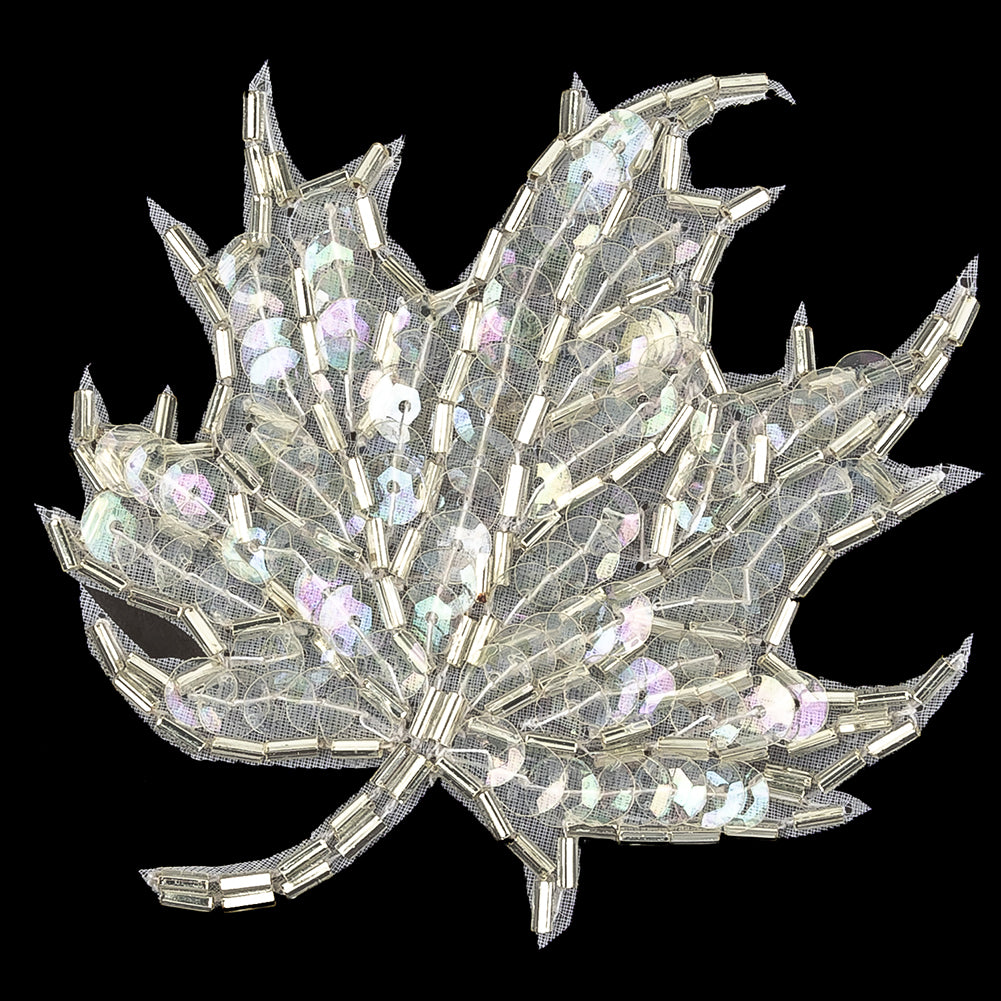 Vintage Crystal Iris Sequins and Bugle Beaded Leaf Applique - 3.75" x 3" Detail