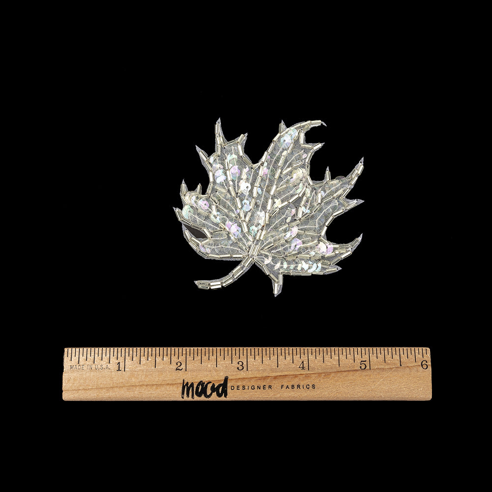 Vintage Crystal Iris Sequins and Bugle Beaded Leaf Applique - 3.75" x 3" Full